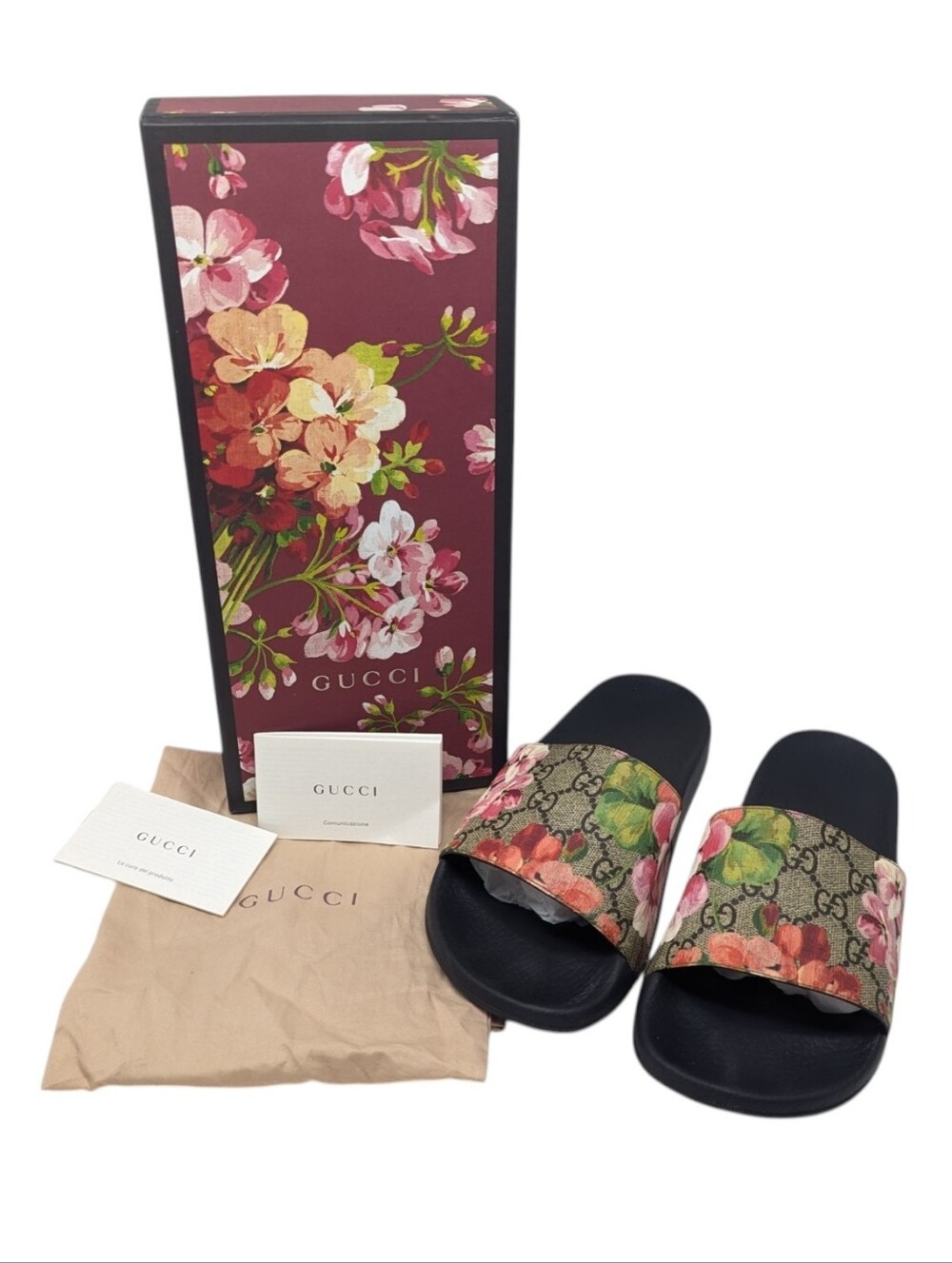 Gucci GG Web Supreme Bloom Pursuit Floral Slide Sandals Size EU 38